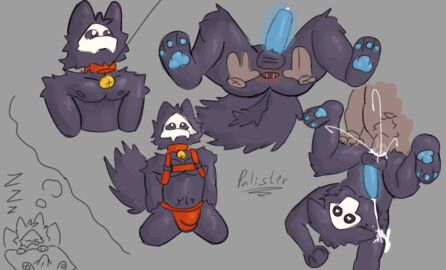 ass bear bell bell_collar black_body black_fur bodily_fluids brown_body brown_fur canid canine canis changed_(video_game) collar cum cum_in_ass cum_inside duo erection fur genital_fluids genitals glowing glowing_genitalia glowing_penis harness hi_res lying male male/male mammal palister35 penis puro_(changed) sitting sleeping touching_butt wolf