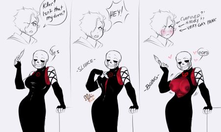 blush comic cutting_clothes dialogue ectobody female gay killertale male mothiepixie motti_(mothiepixie) no_bra no_sex panels sans sans_(killertale) sans_au skeleton undertale undertale:something_new undertale_au