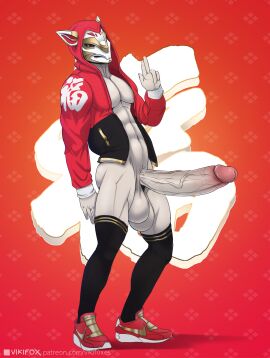 chinese_text cut_penis finger_gun fortnite fortnite:_battle_royale gold japanese_text male mask masked masked_male penis red_background sneakers swift_(fortnite) thigh_highs thighhighs vikifox_(artist)