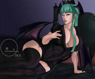 1girls big_breasts breasts cleavage darkstalkers female female_only green_eyes green_hair head_wings large_breasts long_hair looking_at_viewer morrigan_aensland mrround nurse nurse_cap nurse_uniform wings