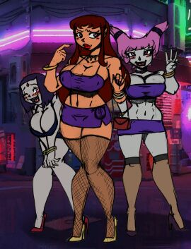 absurdres alien alien_girl bare_legs bimbofication blush bracelet breasts choker cleavage collarbone color complex_background crazycowproductions dc dc_comics drunk drunk_trap female female_only femsub fishnets green_eyes grey_skin high_heels huge_breasts jinx_(dc) knees_together koriand'r large_breasts leaning_forward lipstick long_nails makeup miniskirt multiple_females multiple_girls multiple_subs nail_polish navel necklace night one_eye_open open_mouth outdoors pink_hair prostitution purple_hair purple_lipstick rachel_roth raven_(dc) red_hair red_lipstick short_hair skirt smile standing starfire tan_skin teen_titans thighhighs tube_top very_long_hair wink