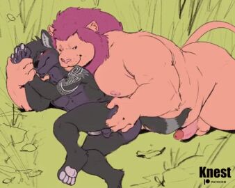 2024 animated anthro arm_tattoo ass ass_grab balls biceps blush butt_grab butt_slap canid canine dominant duo erection felid genitals grass grimace hair hand_grab hand_on_ass hand_on_butt kneading knest licking licking_lips lion lying male male/male mammal mane masculine_male mature_male moobs musclegut muscular nestling nipples on_side overweight pantherine pecs penis perineum pink_hair plant reclining shoulder_tattoo size_difference slap spanking submissive tattoo tongue tongue_out tribal tribal_tattoo triceps zolo_(sertralion)