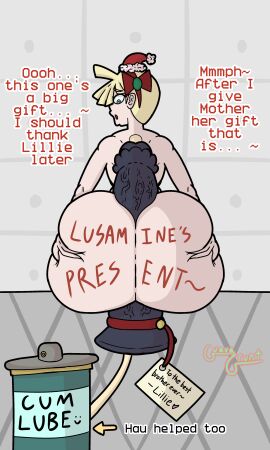 1boy 2d ass big_penis blonde_hair bow brother_and_sister christmas christmas_headwear cum_lube dialogue dildo dildo_between_ass english_text femboy gladion_(pokemon) green_eyes guavagrunt hands_on_ass headband holding_ass holidays horse_penis horsecock horsecock_dildo huge_ass huge_cock implied_incest incest indoors looking_back lube lube_bottle lube_drip male male_focus male_only mother_and_son nude nude_male penis pokemon riding_dildo santa_hat small_hat solo_male speech table tag text tube veiny_penis wall writing writing_on_ass writing_on_body