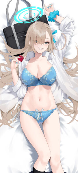 1girls absurd_res absurdres arm_above_head arm_up asuna_(blue_archive) asuna_(bunny)_(blue_archive) bare_belly bare_chest bare_hands bare_hips bare_knees bare_legs bare_midriff bare_navel bare_shoulders bare_skin bare_thighs belly belly_button blonde-haired_female blonde_eyebrows blonde_female blonde_hair blue-eyed_female blue_archive blue_bra blue_eyes blue_fingernails blue_hair_ribbon blue_nail_polish blue_nails blue_panties blue_ribbon blue_underwear bra breasts busty busty_female busty_teenager calves cirilla_lin cleavage collarbone condom condom_wrapper dot_nose exposed exposed_belly exposed_midriff exposed_shoulders exposed_thighs female female_focus female_only fingernails fingers frilled_bra frilled_panties frilled_underwear grin groin hair_over_one_eye hair_ribbon hand_above_head hand_up high_resolution high_school_student highres hourglass_figure knees lace-trimmed_bra lace-trimmed_panties lace_bra lace_panties lace_underwear laced_bra laced_panties laced_underwear large_breasts lean_figure legs light-skined_female light-skinned_female light_skin long_hair looking_at_viewer mole mole_on_chest nail_polish nails narrow_waist navel on_back open_clothes open_clothing open_shirt open_topwear panties parted_bangs ribbon ribbon_bra ribbon_panties schoolgirl shirt shoulders simple_background slender_body slender_waist slim_female slim_waist smile smiley_face smiling smiling_at_viewer solo teenage_female teenager thighs thin_waist unbuttoned unbuttoned_shirt underwear upper_body v-line very_long_hair white_background white_shirt white_topwear wide_hips