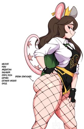 1girls 2d 2d_(artwork) ass big_ass black_apron brown_hair coat colombian_female crown cukizilla evil_container female fishnet_pantyhose golden_crown green_cape hips long_hair medium_breasts mouse_ears mouse_girl pantyhose perfectos_desconocidos plates pose rat rat_ears rat_tail reptile_tail sdamhp_artist sexy_pose spanish_text tagme text thick_ass white_shirt youtube youtube_hispanic youtuber