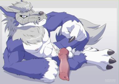 3_toes absurd_res aledonrex animal_genitalia animal_penis anthro aroused balls banchowollviehmon bandai_namco big_penis blue_body blue_eyes blue_fur canid canine canine_genitalia canine_penis digimon digimon_(species) feet fur genitals grey_body grey_fur hi_res knot lying male male_only mammal mask muscular mythological_canine mythological_creature mythology on_side penis scar solo toes were werecanid werecanine werewolf white_body white_fur