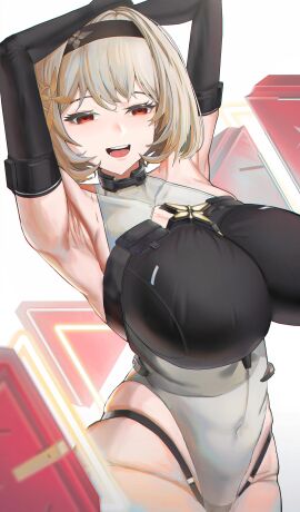 1girls absurd_res armpits arms_behind_head arms_up blonde_hair bob_cut breasts cleavage empty_eyes female female_only gloves goddess_of_victory:_nikke hair_ornament hairband huge_breasts leotard light-skinned_female light_skin navel open_mouth red_eyes red_shoes_(nikke) rukacheese skindentation thighs
