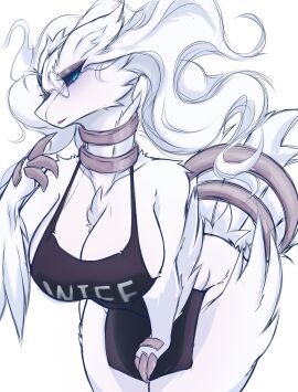 2020s 2024 2d 2d_(artwork) 4_fingers anthro anthro_only anthrofied aoi_(juppi) apron apron_only big_breasts big_thighs black_sclera blue_eyes blush breasts curly_hair english english_text female glasses hi_res highres hips hourglass_figure juppi large_breasts large_thighs legendary_pokemon long_hair neck_ring nintendo pokemon pokemon_(species) reshiram solo solo_anthro solo_female solo_focus thick_thighs thighs white_hair wide_hips