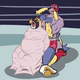 arachnid arthropod arthropod_webbing asphyxiation avian bird bloodshot_eyes bondage bound breath_play breathless bulge dentula everythingunderwraps fighting_ring galvantula garrote gasping_for_air generation_5_pokemon generation_6_pokemon generation_9_pokemon hawlucha hi_res imminent_death luchabull male male/male mask mateo_de_la_rosa mega_evolution mega_hawlucha mega_luchabull nintendo overweight overweight_male pokemon pokemon_(species) spider sports_mask sportswear web_bondage wrestling wrestling_mask wrestling_outfit