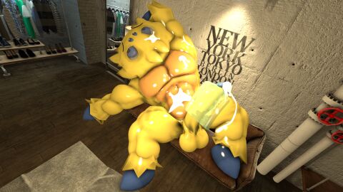 1boy 3d cum full_body furry indoors joltik lying male male_only mightyk7 muscular nintendo no_humans on_back penis pokemon pokemon_(species) pokémon_(species) solo wooden_floor yellow_fur