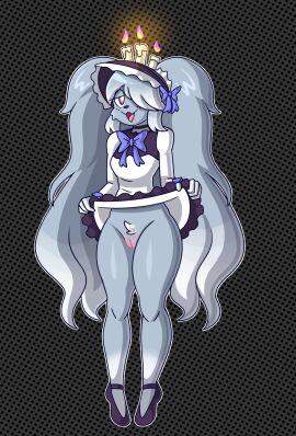 2024 anthro bottomwear bow_ribbon breasts carrie_(feltreasurespot) clothed clothing clothing_lift digital_media_(artwork) female fur generation_9_pokemon genitals greavard grey_body grey_fur grey_hair hair hi_res looking_at_viewer maid_uniform mintyspirit nintendo open_mouth original original_character pokemon pokemon_(species) presenting pussy skirt skirt_lift smile solo twintails uniform wax_girl wide_hips