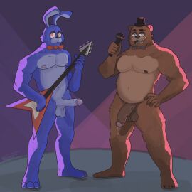 2023 absurd_res animal_humanoid animatronic anthro bear bear_ears belly big_penis blue_eyes bodily_fluids bonnie_(fnaf) bow_tie brown_body clothing duo electronics erection feet five_nights_at_freddy's foreskin freddy_(fnaf) fructosed genital_fluids genitals guitar hat headgear headwear hi_res humanoid lagomorph lagomorph_humanoid leporid leporid_humanoid machine male male/male mammal mammal_humanoid microphone musical_instrument nipples pecs penis plucked_string_instrument precum purple_body rabbit rabbit_ears rabbit_humanoid red_eyes robot scottgames stage stage_lights standing string_instrument top_hat ursid_humanoid vein veiny_penis
