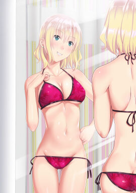 adult adult_female ass ass_cleavage ass_crack back back-tie_bikini bare_armpits bare_arms bare_back bare_belly bare_chest bare_hands bare_hips bare_legs bare_midriff bare_navel bare_shoulders bare_skin bare_thighs bikini bikini_bottom bikini_only bikini_top blonde-haired_female blonde_eyebrows blonde_female blonde_hair blue_eyes breasts busty busty_female butt_crack cleavage collarbone ear_piercing earrings female green-eyed_female green_eyes hair_between_eyes half_naked half_nude hand_on_hip hand_on_own_hip hand_on_own_waist hand_on_waist head_tilt indoor indoor_nudity indoors jewelry large_breasts legs_together mature_female mirror mirror_reflection naked naked_female navel nipple_bulge nude nude_female nudity original original_art original_artwork original_character parted_lips red_bikini red_bikini_bottom red_bikini_top red_string_bikini red_swimsuit red_swimwear short_hair shuko_hime side-tie_bikini side-tie_bikini_bottom smile smiley_face smiling solo string_bikini swimsuit swimwear tawagoto_dukai_no_deshi thigh_gap tilted_head zaregoto_tsukai_no_deshi