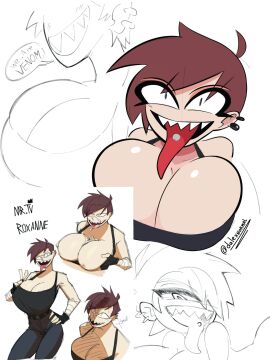 1girls artist_name big_breasts big_tits boobjob breasts breasts_bigger_than_head brown_hair cum dnormal11 doodle ear_piercing female gloves huge_breasts jeans long_tongue male mrtv_studios original original_character paizuri penis penis_shadow roxanne_(mrtv_studios) sharp_teeth short_hair simple_background solo tagme tank_top tight_clothing titjob tomboy tongue tongue_out tongue_piercing top_heavy twitter_link white_skin