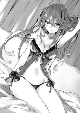 armpits bare_arms bare_legs bare_shoulders bare_thighs belly_button big_breasts black_and_white breasts date_a_live female hand_on_hair kyouno_natsumi kyouno_natsumi_(adult) lingerie long_hair mouth_closed nightgown novel_illustration official_art panties shoulder_pads smile thick_thighs thighs tsunako