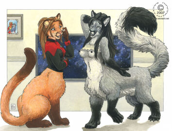 2007 animal_genitalia anthro black_hair black_nipples black_nose bottomless breasts brown_hair chakat clothed clothing dipstick_tail duo felid felid_taur female fully_sheathed fur furry futanari genitals gloves_(marking) grey_body grey_fur hair intersex kacey leg_markings mammal mammal_taur markings mythril nipples open_mouth orange_body orange_fur pink_nose sheath socks_(marking) starfleet_uniform tail tail_markings taur whiskers windsong