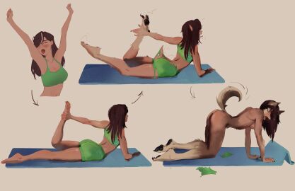 5_toes absurd_res anthro canid canine canis claws clothing feet female hi_res human lycia_(syrulinn) mammal mythological_canine mythological_creature mythology pawpads solo solo_focus syrulinn toes torn_clothing transformation werecanid werecanine werecreature werewolf wolf yoga