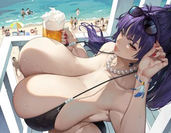 agoppdki armpit asian_female beach beauty_mark beauty_mark_under_eye beer beer_mug bikini black_bikini breasts breasts_bigger_than_head female holding_beer huge_breasts large_breasts light-skinned_female light_skin long_hair milf motoko_maya pale-skinned_female pale_skin pearl_necklace plump_lips ponytail purple_hair red_eyes red_nails sunglasses sunglasses_on_head sweat sweaty sweaty_body wet wet_body