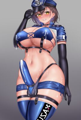 1futa azur_lane baltimore_(azur_lane) baltimore_(finish_line_flagbearer)_(azur_lane) bikini black_gloves blue_bikini blue_jacket breasts brown_hair bulge chest_harness cock_sleeve cock_sleeve_(clothes) covered_nipples cropped_jacket eagle_union_(azur_lane) ejaculation_under_clothes elbow_gloves erection erection_under_clothes futa_only futanari gloves grey_background hakusuifuta harness hat highleg highleg_bikini highres intersex jacket lactation lactation_through_clothes large_breasts light-skinned_futa light_skin looking_at_viewer micro_shorts mismatched_bikini navel official_alternate_costume peaked_cap penis puffy_nipples race_queen short_hair simple_background solo swimsuit yellow_eyes