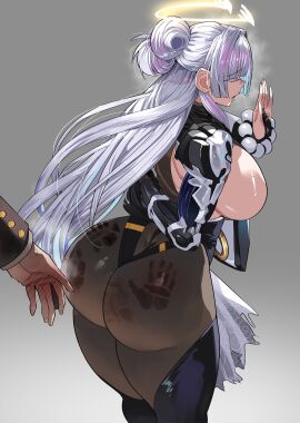 absurdres arm_behind_back ass bead_bracelet beads black_bodysuit black_thighhighs bodysuit bracelet breasts bridal_gauntlets closed_eyes colored_eyelashes commentary cowboy_shot curvy female gamjasssak goddess_of_victory:_nikke grey_background grey_hair hair_bun hair_intakes halo highres jewelry korean_commentary large_breasts long_hair mechanical_arms nayuta_(nikke) parted_lips sideboob sidelocks simple_background single_mechanical_arm slap_mark solo_focus spanked standing steaming_body thighhighs white_eyelashes