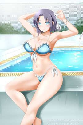 1girls bikini blue_bikini blue_eyes blue_swimsuit bracelet breasts female grey_hair hairbow hi_res highres kimmy77 large_breasts looking_at_viewer midriff navel pool pool_ladder poolside senran_kagura short_hair side-tie_bikini side-tie_swimsuit swimsuit water yumi_(senran_kagura)