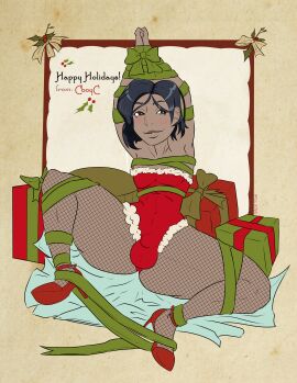 1boy 2025 2d artist_name bedroom_eyes black_hair blush brown_eyes bulge christmas christmas_clothing christmas_outfit clothed clothed_male color commission commissioner_upload crossdressing crossdressing_male dark-skinned_femboy dark-skinned_male dark_skin femboy femboy_only fishnet_pantyhose fishnets gift_box high_heels holidays leotard male male_only medium_hair non-nude nottolu original original_character pantyhose pouty_lips presents pumps shoes smile solo spread_legs strapless_leotard thick_thighs tied_up tolu variant_set