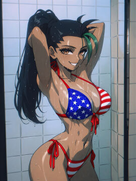 1girls 4th_of_july ai_generated american_flag_bikini bikini black_hair brown_eyes female female_focus fourth_of_july green_hair hands_behind_head hi_res hires hourglass_figure indoors looking_at_viewer nemona_(pokemon) pokemon pony_tail sexy_body sexy_female shower smile solo solo_female stars stripes two_tone_hair united_states_of_america upscaled water wet wet_body