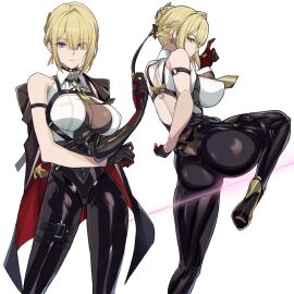 arm_strap black_gloves black_pants blonde_hair breasts chest_harness earrings elbow_gloves evelyn_chevalier female gloves half_gloves harness high-waist_pants highres jewelry large_breasts latex_pants long_ribbon looking_at_viewer mole mole_under_eye necktie pants purple_eyes ring_hair_ornament saint_laurent_paris shirt short_hair single_elbow_glove single_half_glove solo tight_clothes tight_pants uneven_bangs white_shirt yellow_necktie zenless_zone_zero