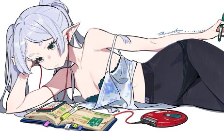 1girls belly_button bra breasts cd_player elf elf_ears elf_female female frieren frieren_beyond_journey's_end green_eyes grey_hair jpeg listening_to_music lying lying_on_side pantyhose petite petite_body petite_female pointy_ears see-through_clothing slim_waist small_breasts sousou_no_frieren tizibade tz_bard white_hair