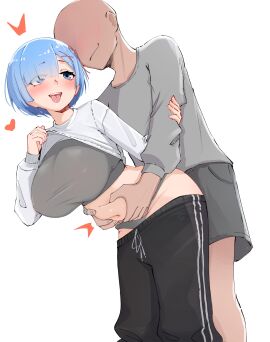 1boy absurdres babywipes belly_grab black_pants blue_eyes blush breasts clothes_lift clothes_pull commentary commission contemporary english_commentary faceless faceless_male female grabbing_another's_stomach grey_panties grey_sports_bra hair_ornament hair_over_one_eye heart highres large_breasts long_sleeves male naughty_face navel panties pants pants_pull plump re:zero_kara_hajimeru_isekai_seikatsu rem_(re:zero) shirt shirt_lift short_hair simple_background sports_bra straight tongue tongue_out track_pants tyrzul underwear white_background white_shirt x_hair_ornament