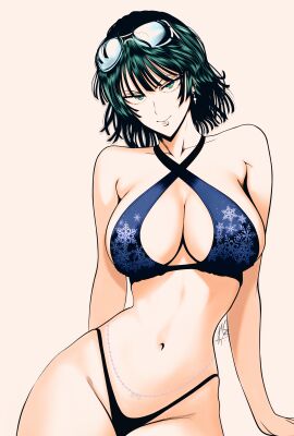 1girls bare_arms bare_legs bare_shoulders bare_thighs big_breasts bikini bikini_bottom bikini_top blush breasts cleavage clothed clothing color fat_breasts female female_focus female_only flat_belly fubuki_(one-punch_man) green_eyes green_hair hi_res large_breasts light-skinned_female light_skin looking_at_viewer mostlybluewyatt one-punch_man short_hair smile solo solo_female sunglasses_on_head tagme thick_thighs
