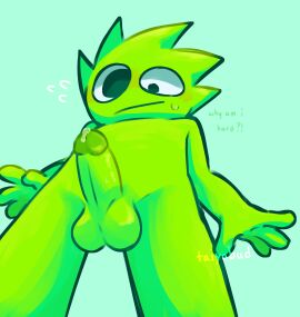 1boy 2d 2d_(artwork) 2d_artwork english_dialogue english_text green_body leaking_precum lime_(sprunki) looking_at_penis male male_only non-human owakcx_(sprunki) penis penis_out perspective precum precum_drip simple_background sprunki taiyobud