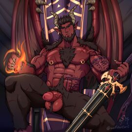 abs armpit_hair balls bara beard biceps big_balls big_penis demon demon_horns devil devil_horns flaccid hairy_chest halloween holidays male male_nipples male_only male_pubic_hair masculine_male mature_male muscular muscular_male nipple_piercing nipples nude pecs penis piercing pubic_hair red_body red_skin solo solo_male tusks wolfshirtart yaoi