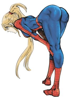 1girls ass bent_over blonde_hair blue_eyes bodysuit breasts commentary_request cosplay female female_only from_behind highres large_breasts long_hair marvel marvel_comics metroid nintendo ponytail samus_aran simple_background solo spider-man spider-man_(cosplay) spider-man_(series) spider-man_(toei) thighs toned tsunamino_yuu very_long_hair white_background