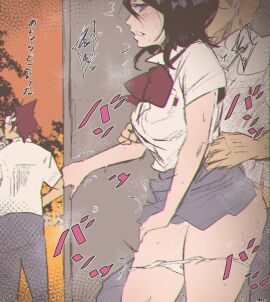 2boys abarai_renji black_hair bleach female hiding hiding_behind_another kuchiki_rukia kurosaki_ichigo maxiart multiple_boys netorare orange_hair panties petite red_hair school_uniform sex sex_from_behind short_hair underwear white_panties