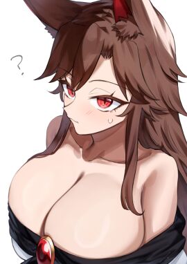 1girls animal_ears big_breasts breasts brown_hair cleavage clothed_female female huge_breasts kagerou_imaizumi light-skinned_female light_skin long_hair question_mark red_eyes solo solo_female suminagashi touhou white_background wolf_ears wolf_girl