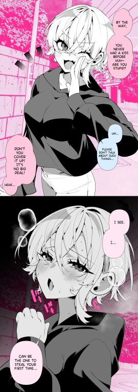 1girls a_boyish_girlfriend_in_high_humidity belly_button blush clothed dialogue english_text fangs female female_focus hoodie manga navel open_mouth original original_character ouchi_kaeru pink_background short_hair solo solo_focus steam sweat tomboy translated wink