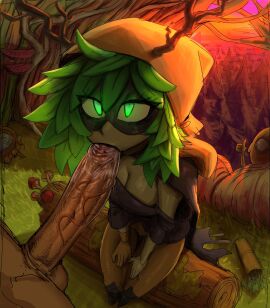 1girls 2boys adventure_time arm_up big_penis black_sclera boots branch branch_horns clothed fellatio female finn_the_human green_eyes green_hair green_sclera green_skin high_heel_boots high_heels horns huntress_wizard jake_the_dog leaf leaf_hair long_legs lord_moku male mask masked masked_female nude nude_male penis short_hair straight thigh_highs thighhigh_boots thumbs_up voyeur white_eyes yellow_body