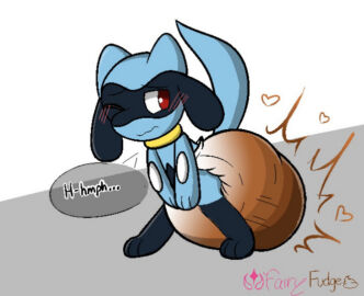 ambiguous_gender bent_over blush covering_crotch diaper diaper_fetish diaper_only embarrassed english_text fairyfudge hyper_feces hyper_scat looking_away messing messy_diaper moaning one_eye_closed pokemon pokemon_(species) red_eyes riolu scat shit shy soiling soiling_diaper speech_bubble text wearing_diaper