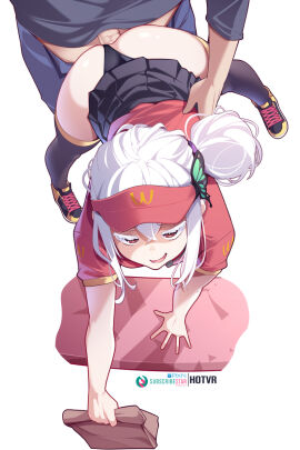 1boy 1girls anal anal_sex ass butterfly_hair_ornament echidna_(re:zero) fast_food_uniform female fully_clothed hotvr light-skinned_female light_skin long_hair male male_penetrating_female mcdonald's panties panties_aside parody penis penis_in_ass re:zero_kara_hajimeru_isekai_seikatsu sex skirt wcdonald's white_hair witch
