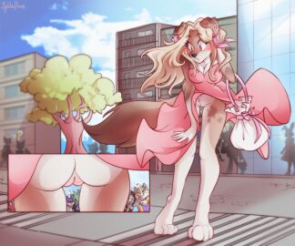 2024 6:5 ?? accessory accidental_exposure anthro anus ass bare_shoulders barefoot barely_visible_anus being_watched biped black_nose blonde_hair blue_sky blush bovid breasts bridgette_(spider_bones) brown_body brown_fur building butt_shot cameo canid canine canis caprine cleavage clothed clothing cloud countershade_butt countershade_face countershade_fur countershade_torso countershading crowd day detailed_background digital_media_(artwork) domestic_cat domestic_dog dress embarrassed exclamation_point eyebrows eyelashes feet felid feline felis female female_focus folded_ears fur furry genitals goat group hair hair_accessory hair_ribbon heart_symbol hindpaw holding_bag long_hair looking_at_another mammal multiple_angles no_panties no_underwear open_mouth outside paws pink_clothing pink_dress pink_pussy pink_ribbon plant public public_exposure pussy question_mark ribbons shaded silhouette sky skyscraper snout solo_focus spider_bones standing surprised tail the_seven-year_itch tree upskirt wardrobe_malfunction watermark wind_lift windy_skirt ych your_character_here