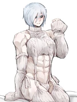 abs ambush_(trap) black_sclera bob_cut bulge crossdressing detached_sleeves femboy kengan_(series) kengan_omega light-skinned_male light_skin male male_only mao_o_moss masculine_crossdresser meme_attire muscular muscular_male pale-skinned_male pale_skin sleeves_past_wrists solo suspenders sweater thighhighs virgin_destroyer_sweater white_body white_eyes white_hair white_skin wu_xing