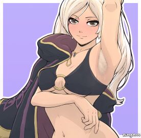 1girls accessory alternate_costume arm_under_breasts arm_up armpit_fetish armpit_hair armpits bare_midriff bedroom_eyes bikini bikini_top black_bikini black_swimsuit bottomless breasts brown_eyes coat female female_armpit_hair female_only fire_emblem fire_emblem_awakening fire_emblem_heroes hairy_armpits long_hair looking_at_viewer medium_breasts midriff navel necklace nintendo o-ring o-ring_bikini official_alternate_costume pose purple_background rengaboo robin_(fire_emblem) robin_(fire_emblem)_(female) seductive smile solo swimsuit teasing twintails underboob undressing untied untied_bikini upper_body white_hair