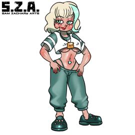 1girls big_breasts blonde_hair breasts busty confident covered_nipples dark-skinned_female dark_skin erect_nipples_under_clothes female female_only green_eyes hands_on_hips hi_res jackie_lynn_thomas large_breasts legs looking_at_viewer navel navel_piercing pants pose posing shirt short_hair smile star_vs_the_forces_of_evil thighs thong underboob voluptuous whale_tail