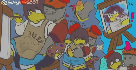 2boys apron beret brown_hair builderman_(forsaken) bulge bulge_under_clothes cum cum_splatter cumming forsaken_(roblox) fully_clothed gay grey_skin hard_hat hat jerkingoff_another no_sex paint painting pants_around_thighs pants_down roblox robloxian self_upload shedletsky_(forsaken) sitting_on_lap square_crossover sukyung5559 tagme watermark yellow_skin