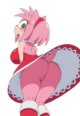 alpha_channel amy_rose anthro ass big_breasts bodily_fluids breasts clothed clothing digital_media_(artwork) eulipotyphlan female fur furry_female genitals green_eyes hair hedgehog hedgehog_girl hi_res looking_at_viewer low-angle_view mammal no_panties no_underwear partially_clothed pink_body rear_view sega simple_background solo sonic_the_hedgehog_(series) the-sonic-x thick_thighs transparent_background upskirt vulva wide_hips