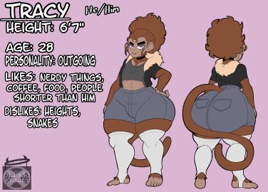 1boy 2d anthro ass big_ass brown_hair bubble_ass bubble_butt character_sheet choker clothed clothed_male clothing color crop_top cross_samax fat_ass femboy femboy_only front_view full_color huge_ass large_ass legwear lip_piercing lip_ring male male_only measurements monkey non-nude original original_character piercing primate purple_eyes rear_view shorts solo tail text thick_ass thick_thighs thunder_thighs toeless_legwear tracy_(cross_samax) wide_hips