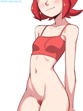 1girls belly blush bottomless breasts crop_top demon demon_girl exposed_pussy female female_only light-skinned_female light_skin maddie_(tobias_wheller) original pubic_hair pussy red_hair shirt small_breasts smile solo solo_female tagme tank_top tobias_wheller topwear uncensored