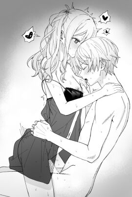 1boy 2_(tsvf3235) babydoll blush bra bra_pull breasts brother brother_and_sister commentary completely_nude cowboy_shot cowgirl_position female fingernails grabbing_another's_breast greyscale groping hand_on_another's_shoulder heart-shaped_pupils incest male nude project_sekai sister tenma_saki tenma_tsukasa white_background