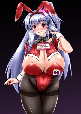 black_thighhighs blush breasts breasts_bigger_than_head breath bunny_ears bunny_girl bunnysuit dark_background female hair_bobbles huge_breasts hypnosis hypnotic_accessory long_hair mind_control parmiria pink_eyes red_bunnysuit shinki shinki_(touhou) side_ponytail silver_hair sweat touhou touhou_(pc-98)